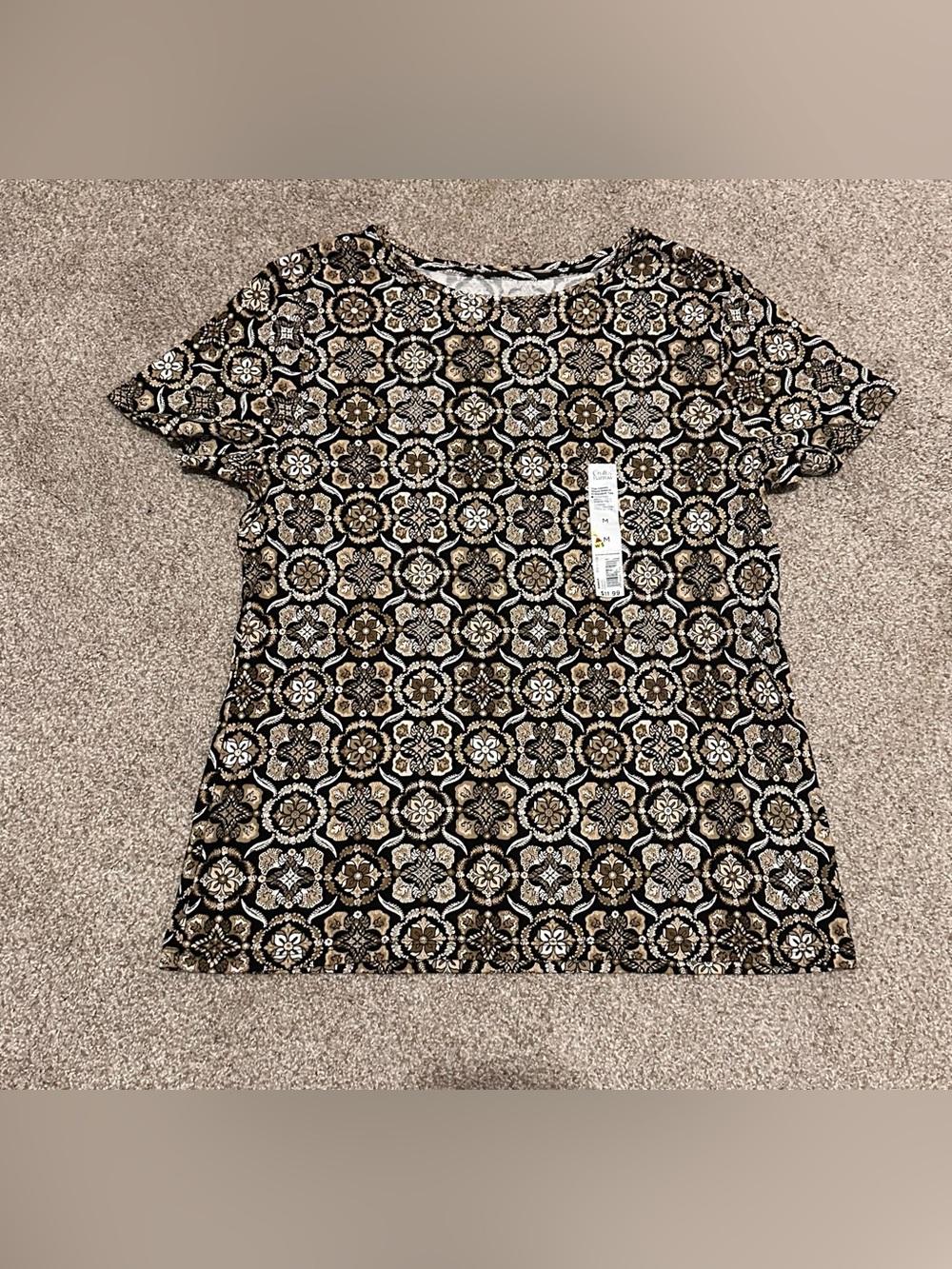 croft & barrow Black and Tan Short Sleeve Patterned Top
